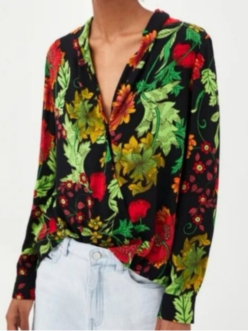 Zara trf Black V-Neck Long Sleeve Floral Blouse with Red & Green Accents